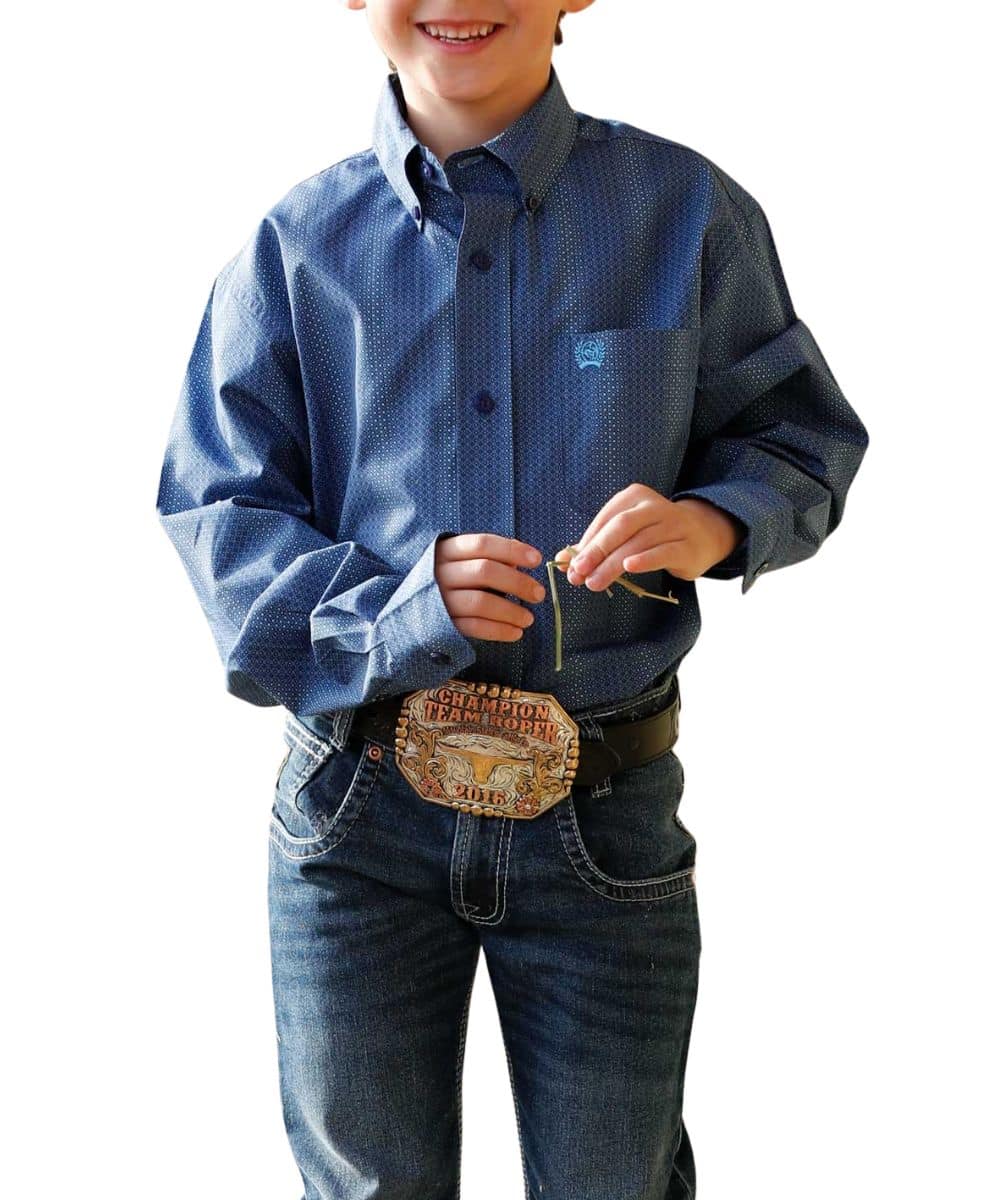 Cinch Boys' Blue Tonal Geometric Button Down Shirt