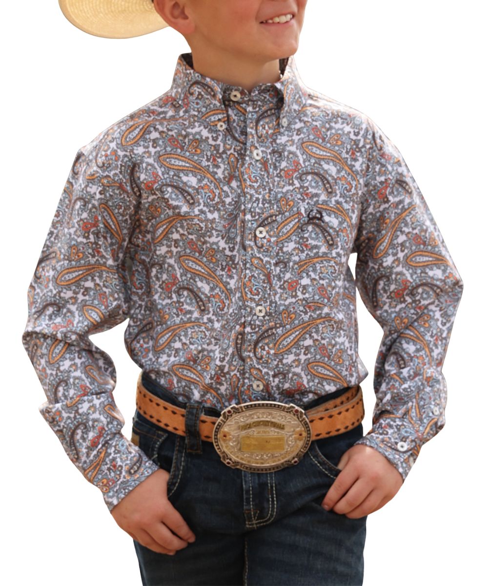 Cinch Boys' White Paisley ArenaFlex Button Down Shirt