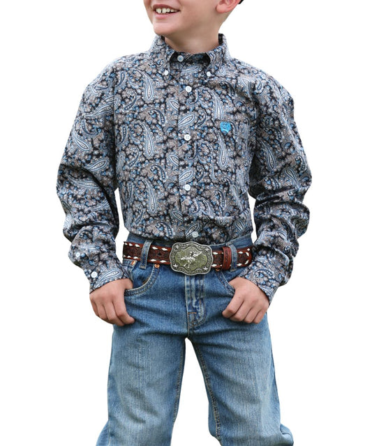 Boy's Black Multicolored Paisley Print Long Sleeve Button Down Shirt
