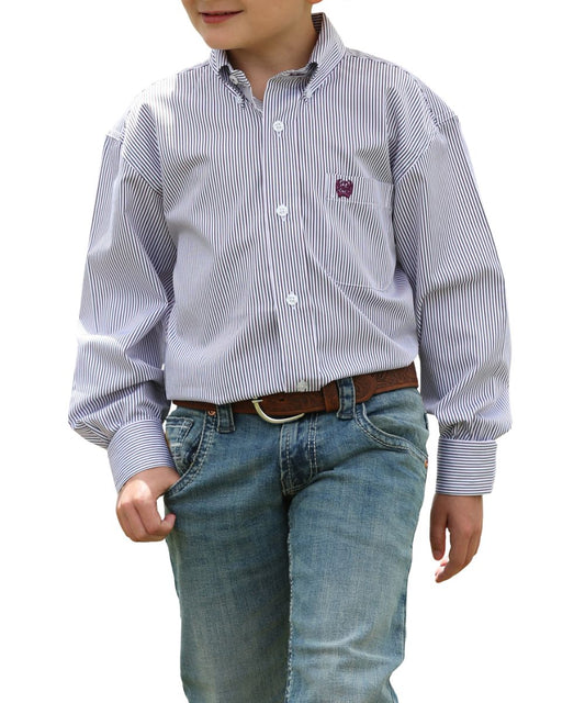 Front view of the boy's long sleeve button down shirt featuring the white striped print