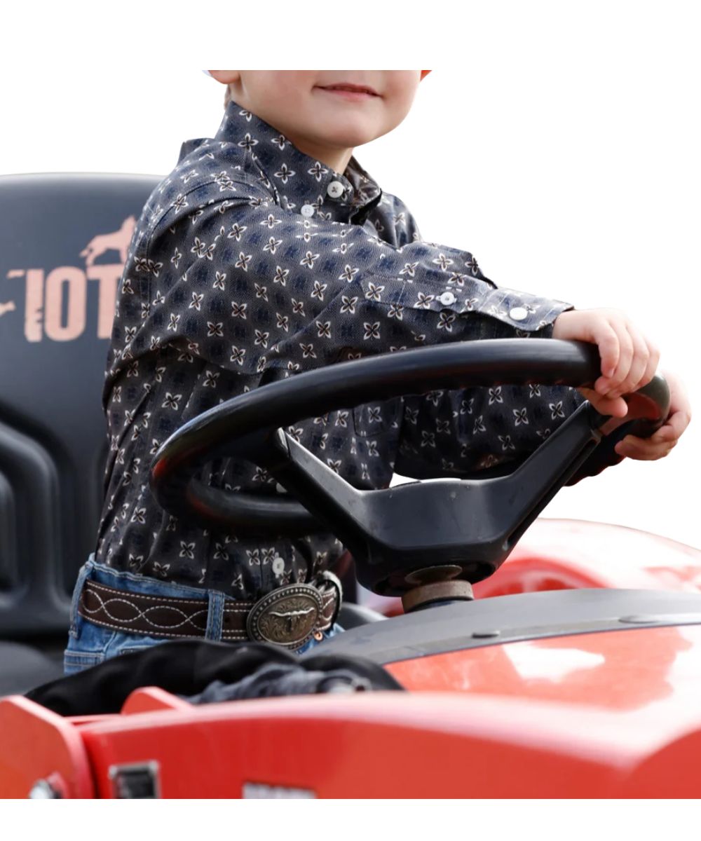 Front view of the infant boy's grey Cinch long sleeve button down shirt featuring the khaki geometric print, button down collar, white buttons, and a single open chest pocket with logo embroidery