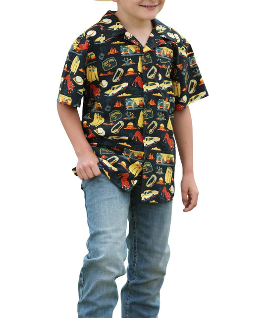 Boy's Black Short Sleeve Button Down Camp Shirt Featuring The 8 Seconds Geometric Print