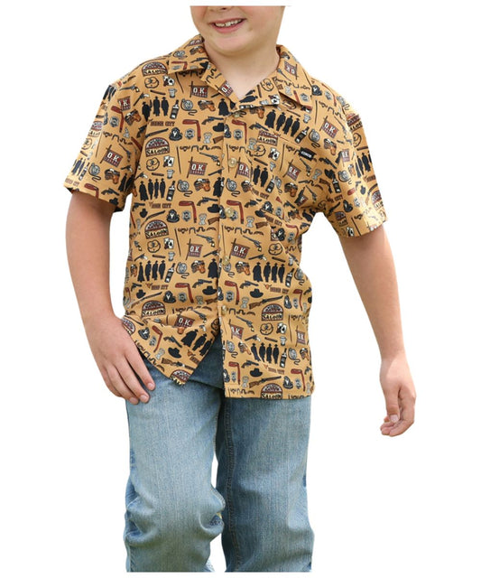 Boy's Brown Lightweight, Short Sleeve, Button Down Camp Shirt Featuring A Geometric Tombstone Print