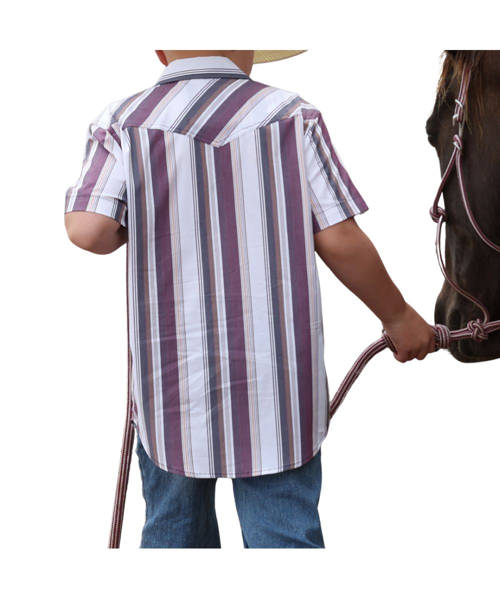 Back view of the boy's short sleeve button down shirt featuring single pointed western yokes
