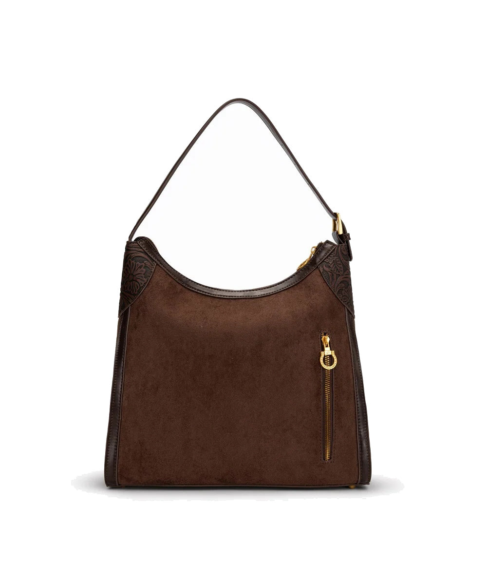 Montana West Coffee Tooled Hobo Bag Reverse View With Vertical Gold Zipper Pocket And Floral Corner Details