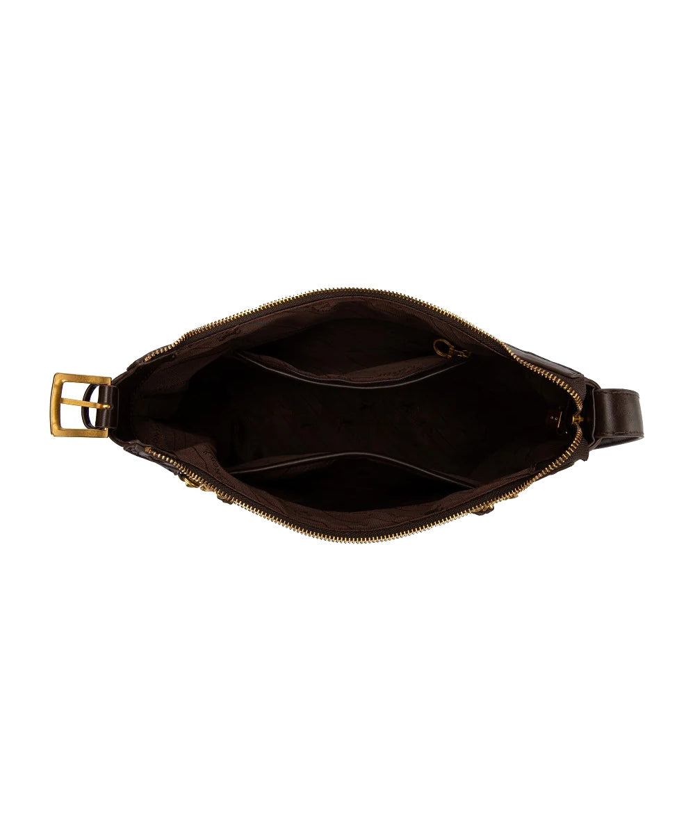 Overhead Interior View Of Montana West Coffee Tooled Hobo Bag Showing Open Compartments And Zipper Closure