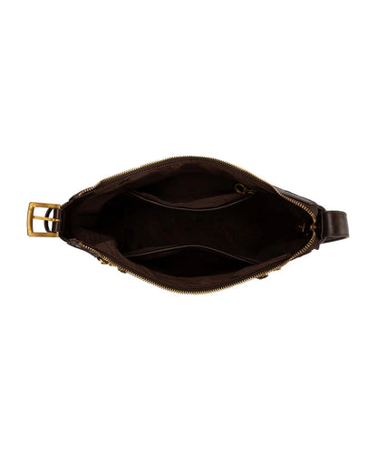 Overhead Interior View Of Montana West Coffee Tooled Hobo Bag Showing Open Compartments And Zipper Closure