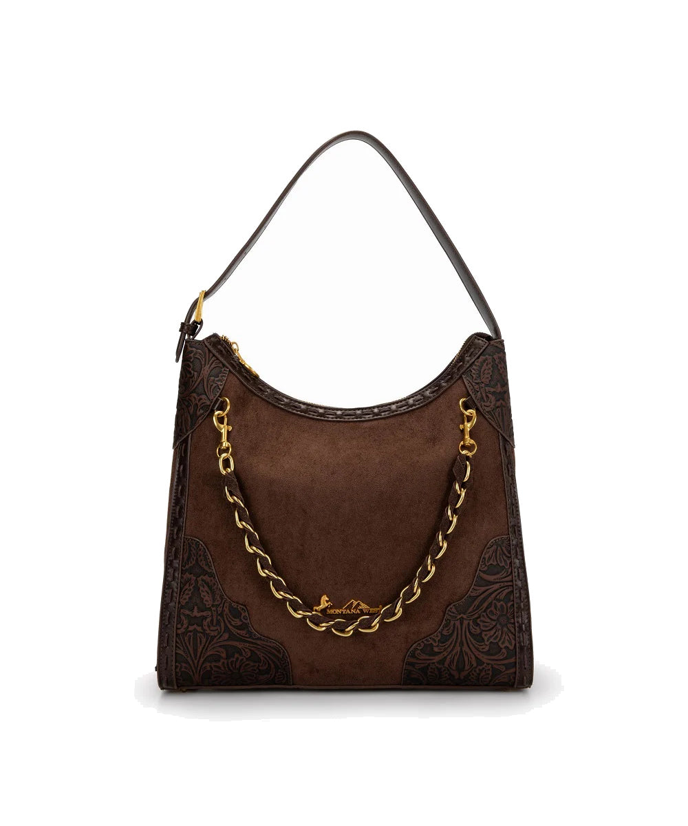 Montana West Coffee Floral Tooled Hobo Bag With Gold Chain Accent And Shoulder Strap