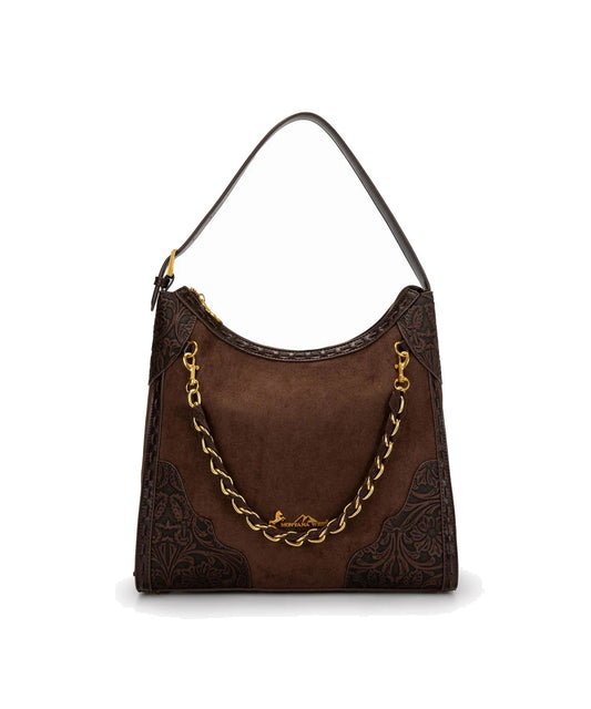 Montana West Coffee Floral Tooled Hobo Bag With Gold Chain Accent And Shoulder Strap