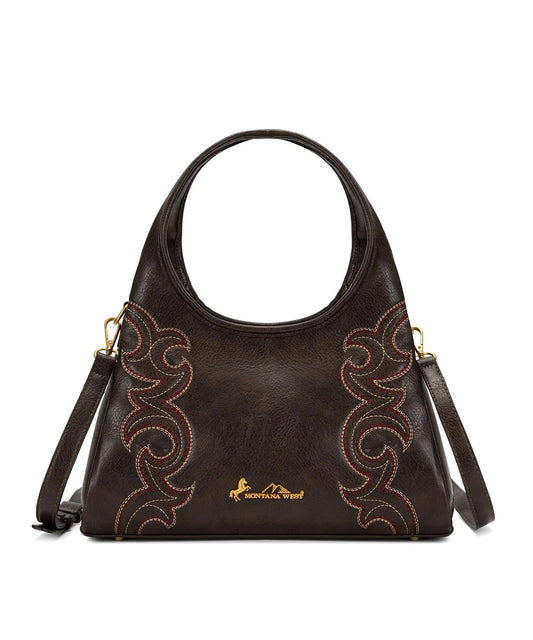 Montana West Coffee Western Embroidered Hobo Crossbody Bag With Circular Handles And Detachable Shoulder Strap