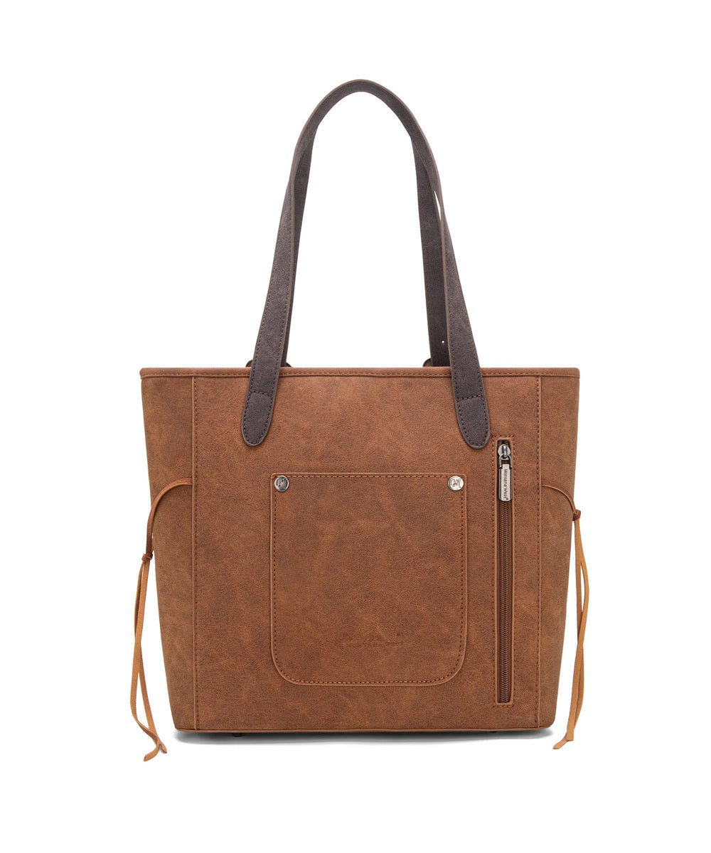 Back View Of Montana West Brown Buckle Concealed Carry Tote Bag With Exterior Slip And Zipper Pockets