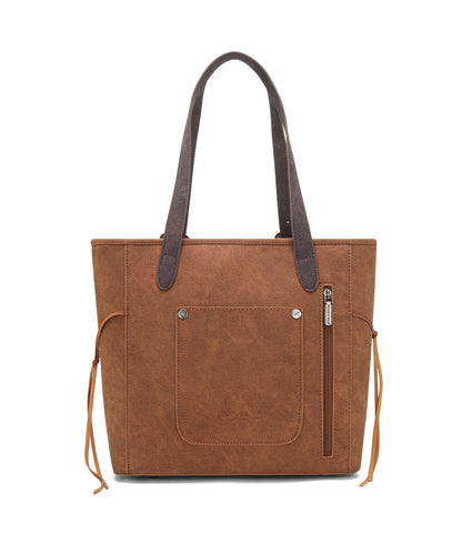 Back View Of Montana West Brown Buckle Concealed Carry Tote Bag With Exterior Slip And Zipper Pockets