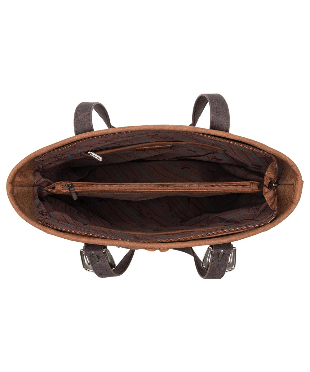 Overhead Interior View Of Montana West Brown Concealed Carry Tote Showing Zippered Divider And Lined Compartments