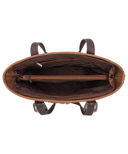 Overhead Interior View Of Montana West Brown Concealed Carry Tote Showing Zippered Divider And Lined Compartments