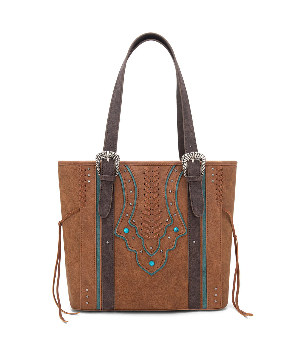 Montana West Brown Buckle Concealed Carry Tote Bag Front View With Turquoise Accents And Western Buckle Straps