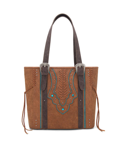 Montana West Brown Buckle Concealed Carry Tote Bag Front View With Turquoise Accents And Western Buckle Straps