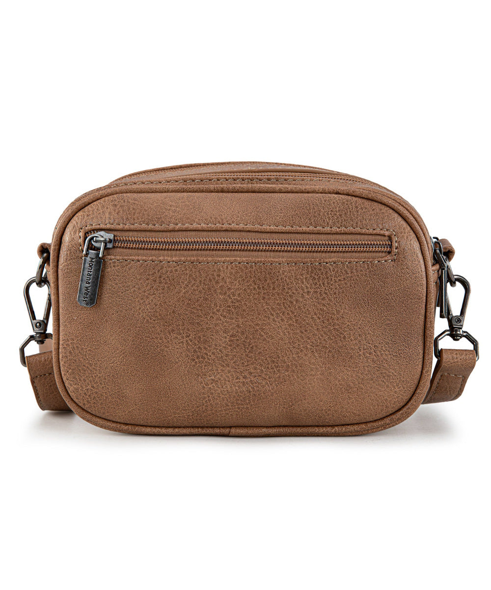 Back View Of Montana West Brown Tooled Crossbody Bag With Exterior Zipper Pocket