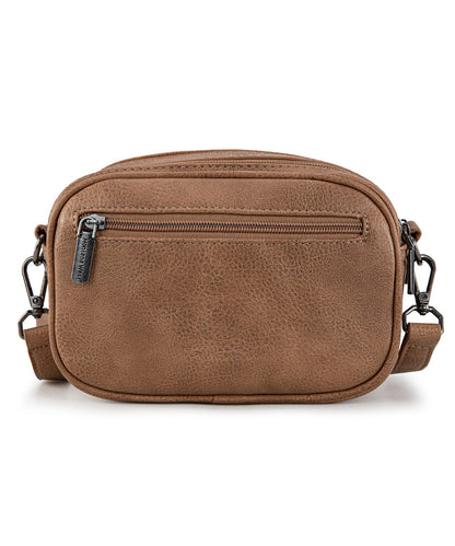 Back View Of Montana West Brown Tooled Crossbody Bag With Exterior Zipper Pocket