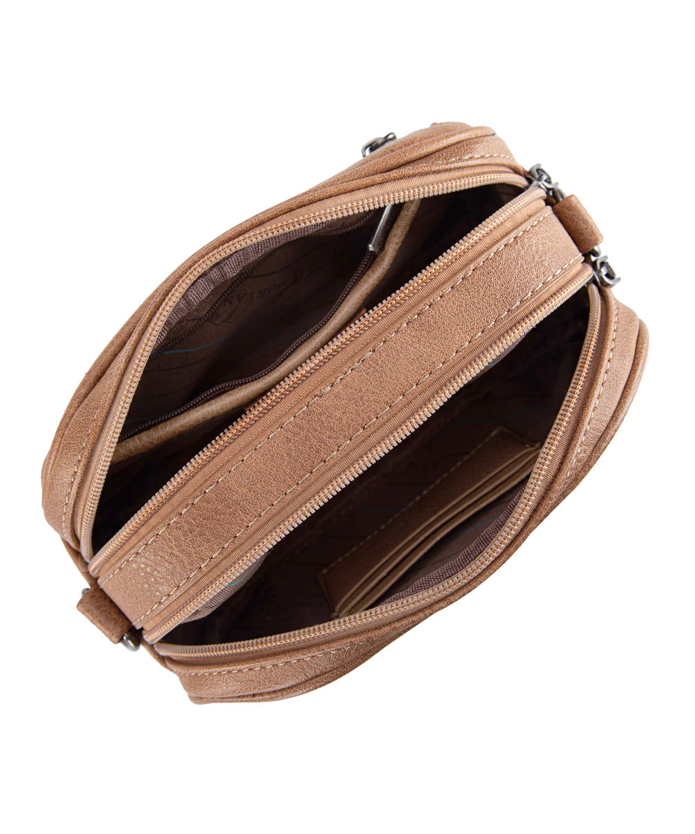 Interior View Of Montana West Brown Tooled Crossbody Bag Showing Two Zippered Compartments And Card Slots