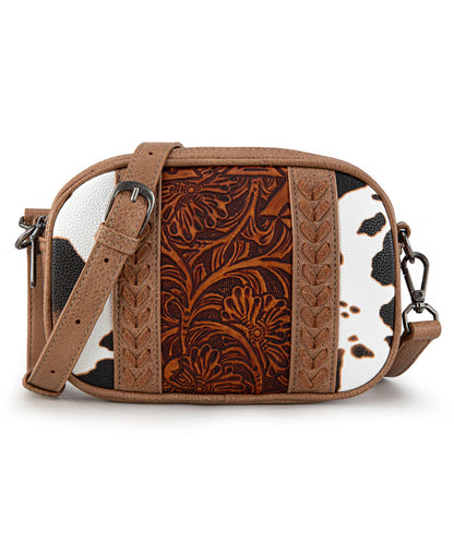 Montana West Brown Floral Tooled Crossbody Bag With Cow Print Panels And Adjustable Strap