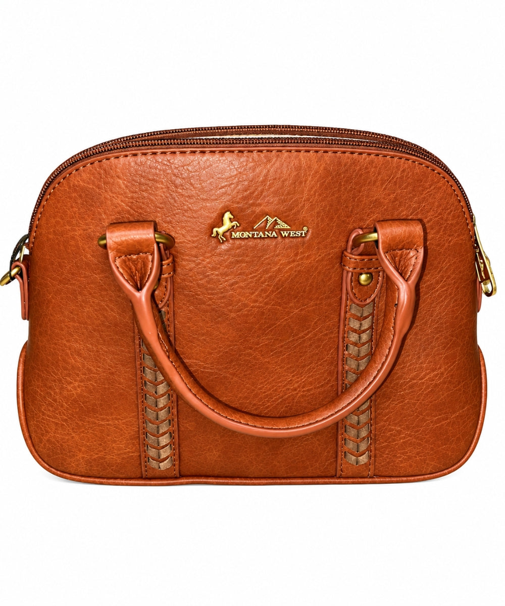 Montana West Women's Brown Whipstitch Satchel Bag frontside on white background