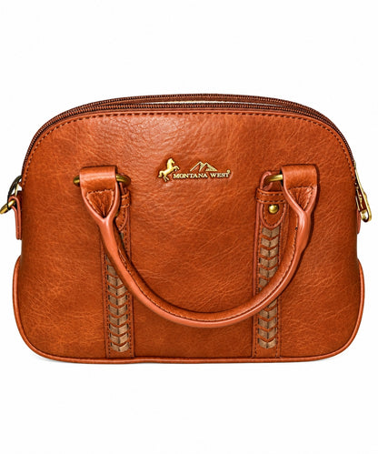 Montana West Women's Brown Whipstitch Satchel Bag frontside on white background