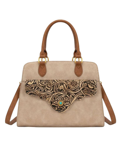 Front view of the women's tan faux leather satchel/crossbody concealed carry purse