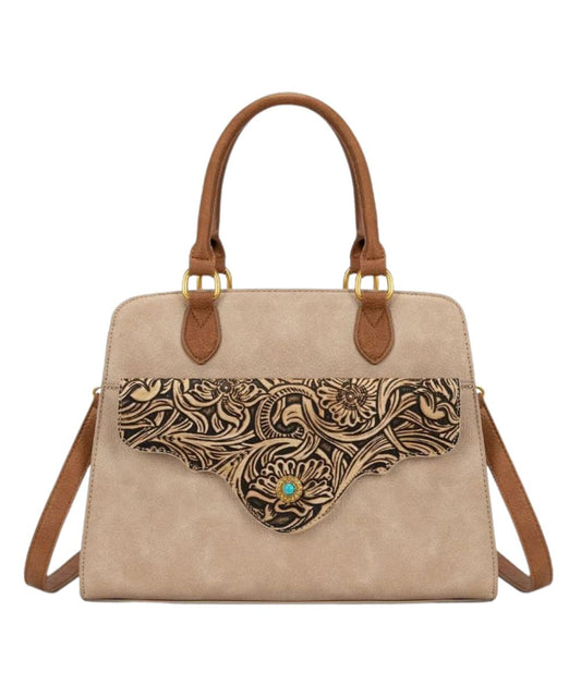 Front view of the women's tan faux leather satchel/crossbody concealed carry purse