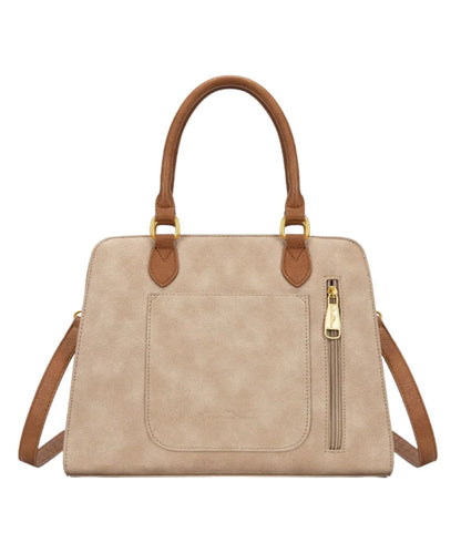 Back view of the women's tan faux leather crossbody/satchel bag featuring a concealed carry and open pocket on the back