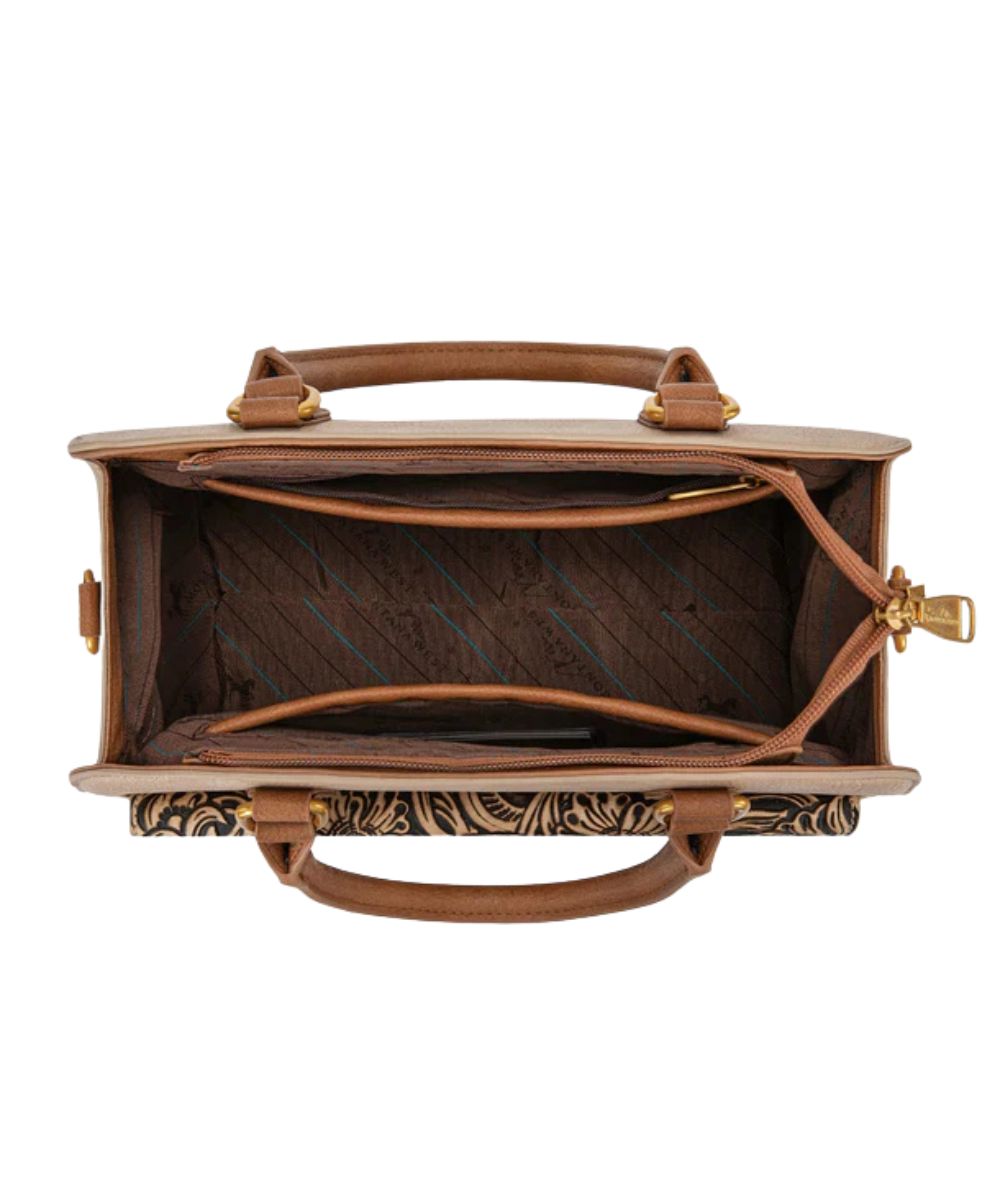 Interior view of the women's tan concealed carry crossbody/satchel bag