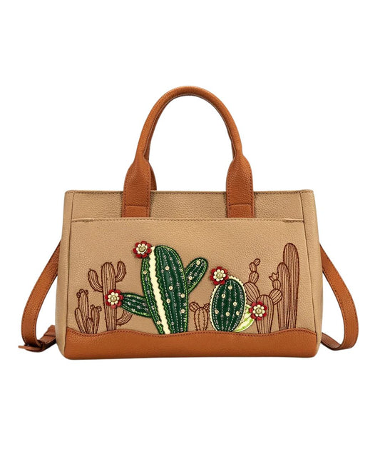 Women's Tan Crossbody Handbag Featuring Cactus Embellishments