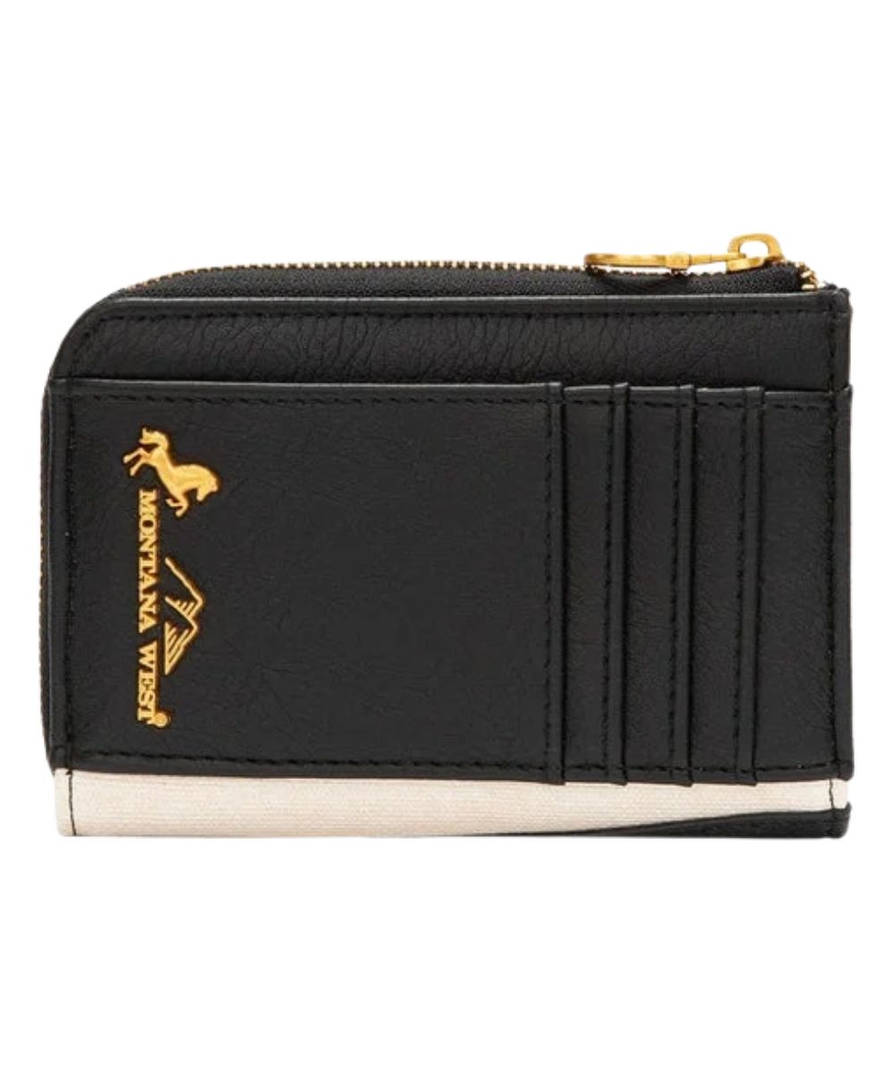 Back view of the women's black faux leather wallet featuring the multiple card slots