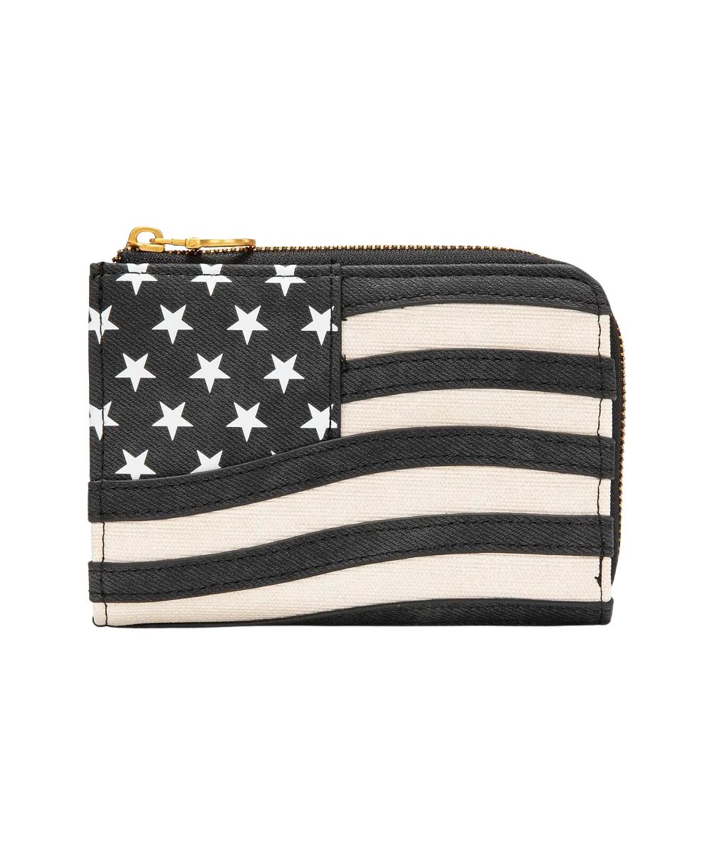 Front view of the women's faux leather Montana West black zip-around wallet featuring the classic American Flag-inspired front design
