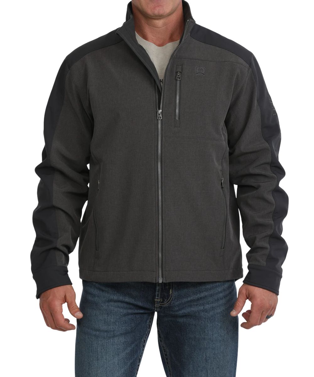 Front view of the men's brown Cinch Big & Tall water resistant bonded softshell jacket featuring the zip closure, zipper chest pocket, and zippered hand pockets
