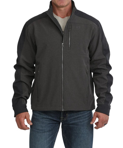 Front view of the men's brown Cinch Big & Tall water resistant bonded softshell jacket featuring the zip closure, zipper chest pocket, and zippered hand pockets