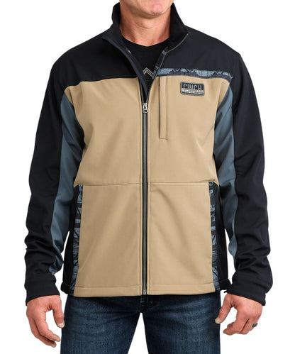 Front view of the men's color blocked Cinch Bonded Jacket featuring the mock collar, zip closure, snap cuffs, and zippered hand & chest pockets