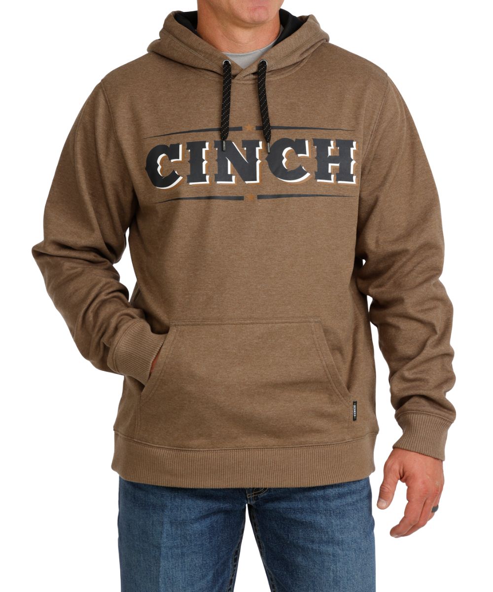 Front view of the men's Cinch Brown Fleece Logo Hoodie featuring the kangaroo pocket and contrast hood lining