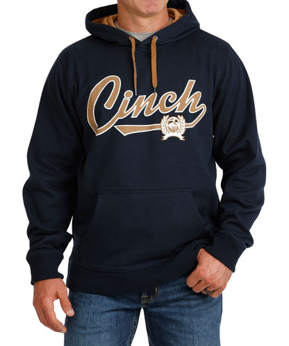 Front view of the men's Cinch Navy Fleece Logo Hoodie featuring the screen-printed logo on the front