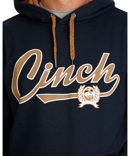Close-up view of the contrast screen-printed logo on the men's navy hoodie
