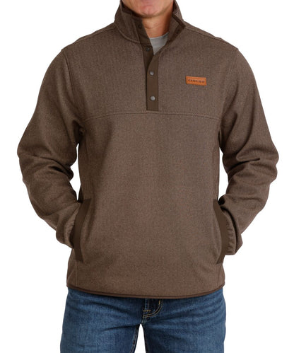 Front view of the men's big & tall brown Cinch pullover featuring the 1/4 snap placket, herringbone pattern, kangaroo pocket, contrast trim, and mock collar