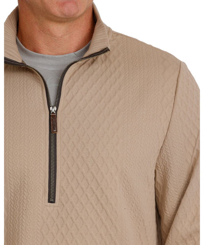 Close-up view of the men's beige/stone colored pullover featuring the cable knit and diamond pattern