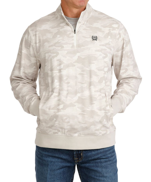 Front view of the men's Cinch 1/4 Zip Pullover in grey camo featuring the zippered hand pockets and rib knit trim