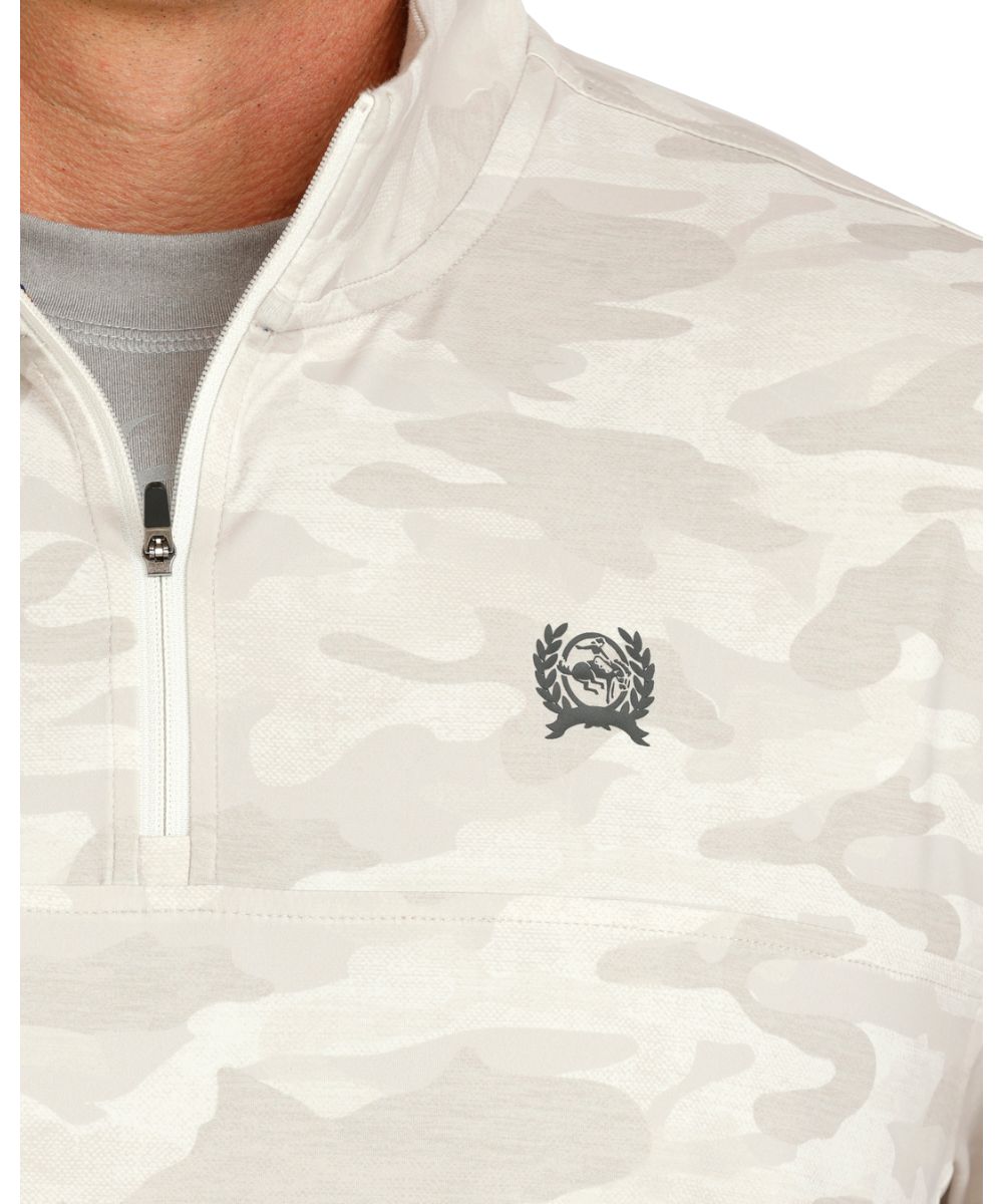 Close-up view of the grey camo print featuring the logo heat transfer on the left chest