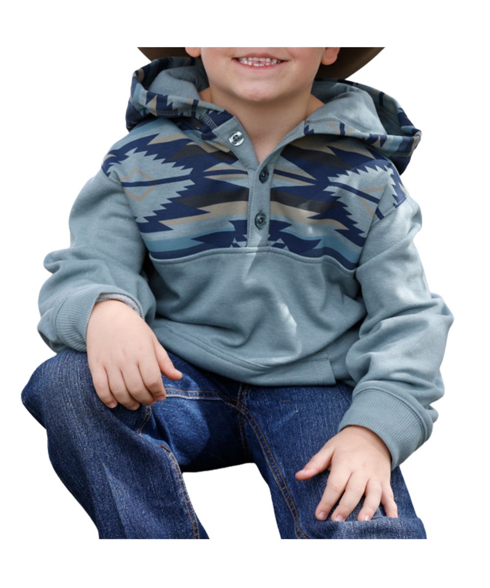 Front view of the boy's Cinch long sleeve pullover featuring the 1/4 button placket, kangaroo pocket, and hooded collar. Aztec Printed hood and chest in blue.