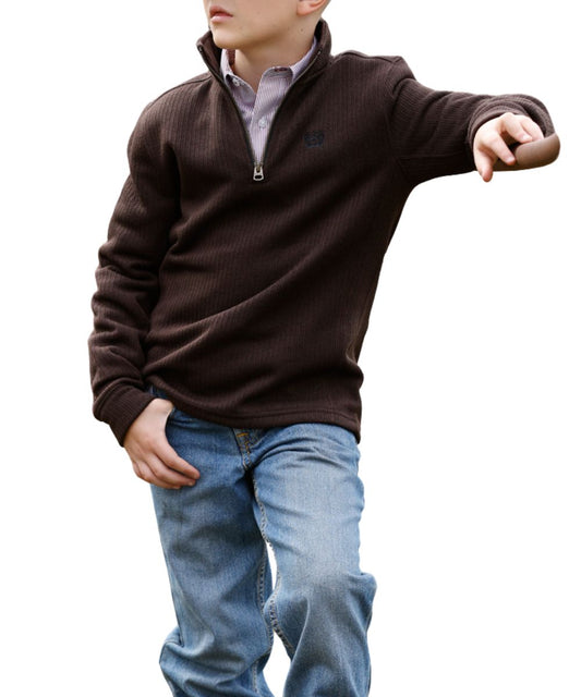 Front view of the boy's brown Cinch 1/4 zip pullover sweater featuring the logo embroidery at the left chest, 1/4 zip closure, mock collar, and sweater knit fleece