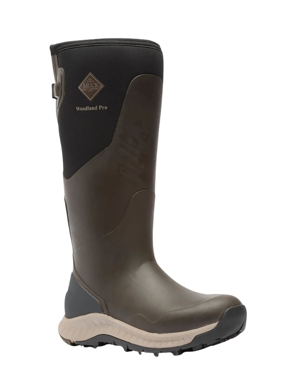 Right angled view of the men's turkish coffee Muck Boot featuring the 17" shaft, waterproof and muckproof design