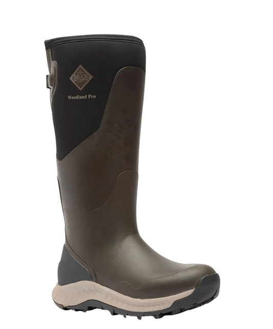 Right angled view of the men's turkish coffee Muck Boot featuring the 17" shaft, waterproof and muckproof design