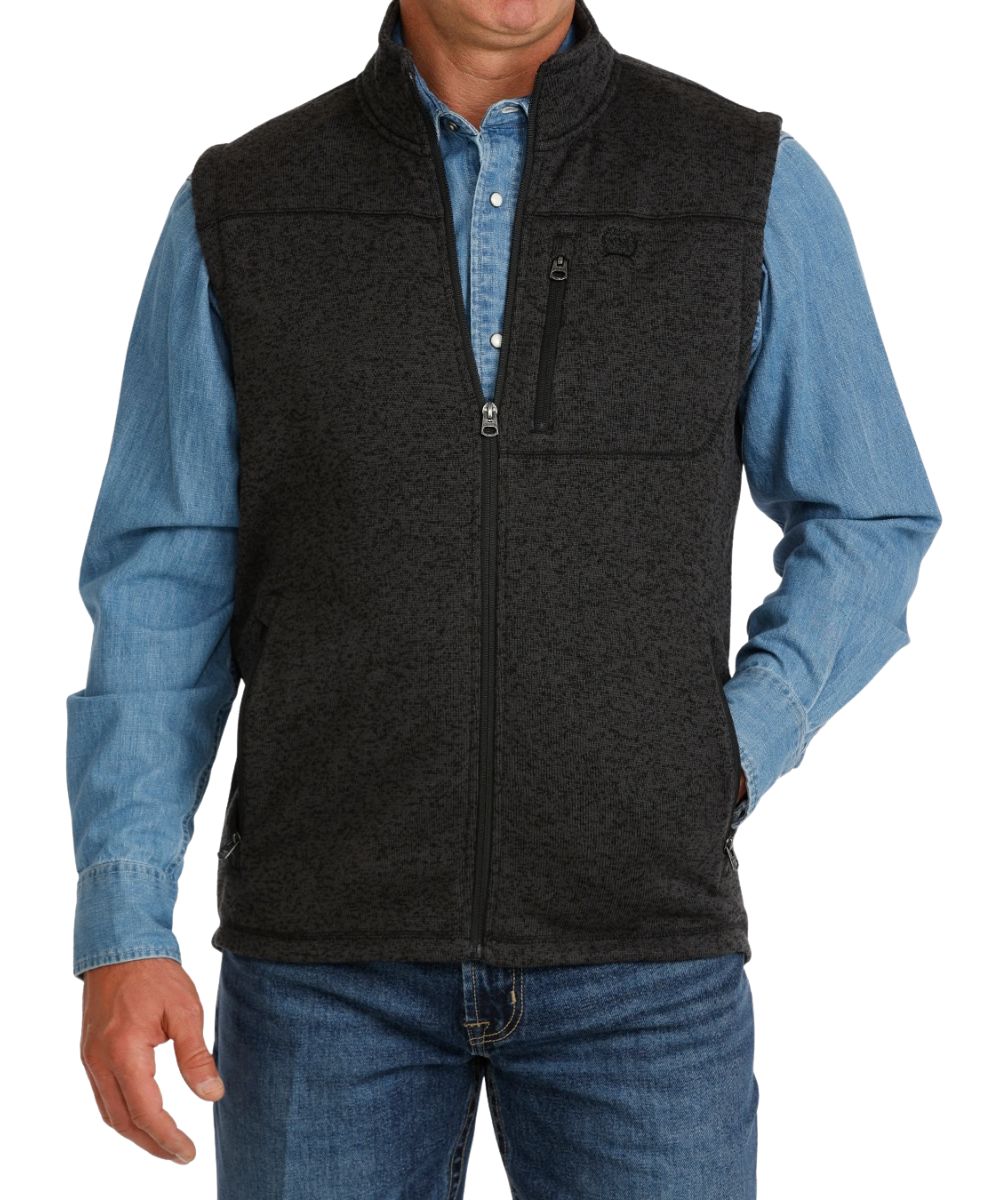Front view of the men's charcoal Cinch sweater vest featuring the zip closure, mock collar, and zippered hand and chest pockets