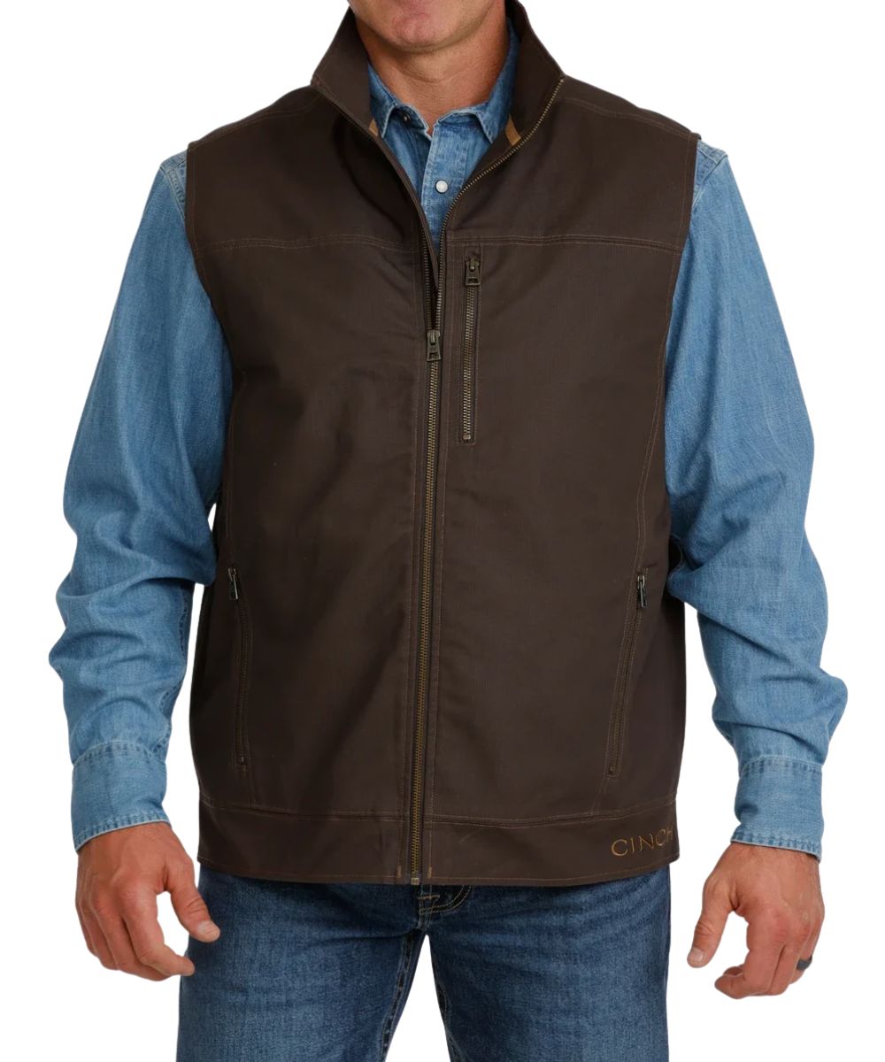 Cinch Men's Concealed Carry Brown Canvas Vest Front featuring the zip closure, zipper chest pocket, and zippered hand pockets