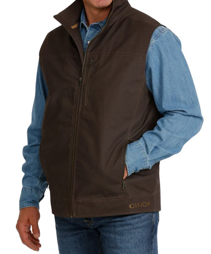 Cinch Men's Concealed Carry Brown Canvas Vest Side featuring the logo embroidery at the hem